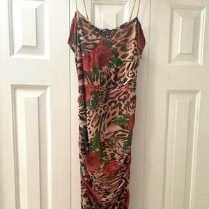 Brand new from boohoo . Ruched mesh overlay dress . Leopard and red rose